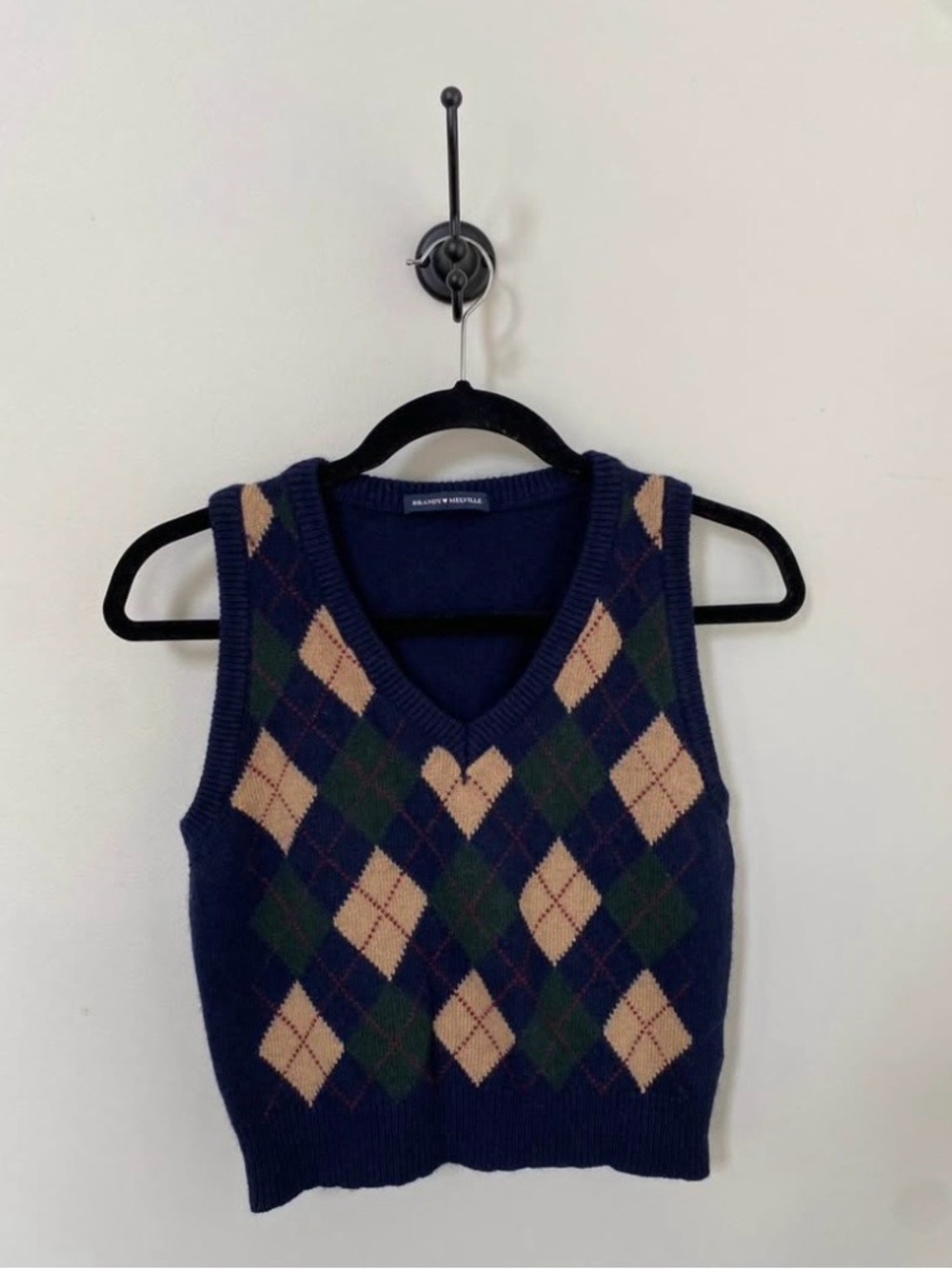 Brandy Melville Navy Argyle V-Neck Sweater Vest with Green & Tan Diamonds